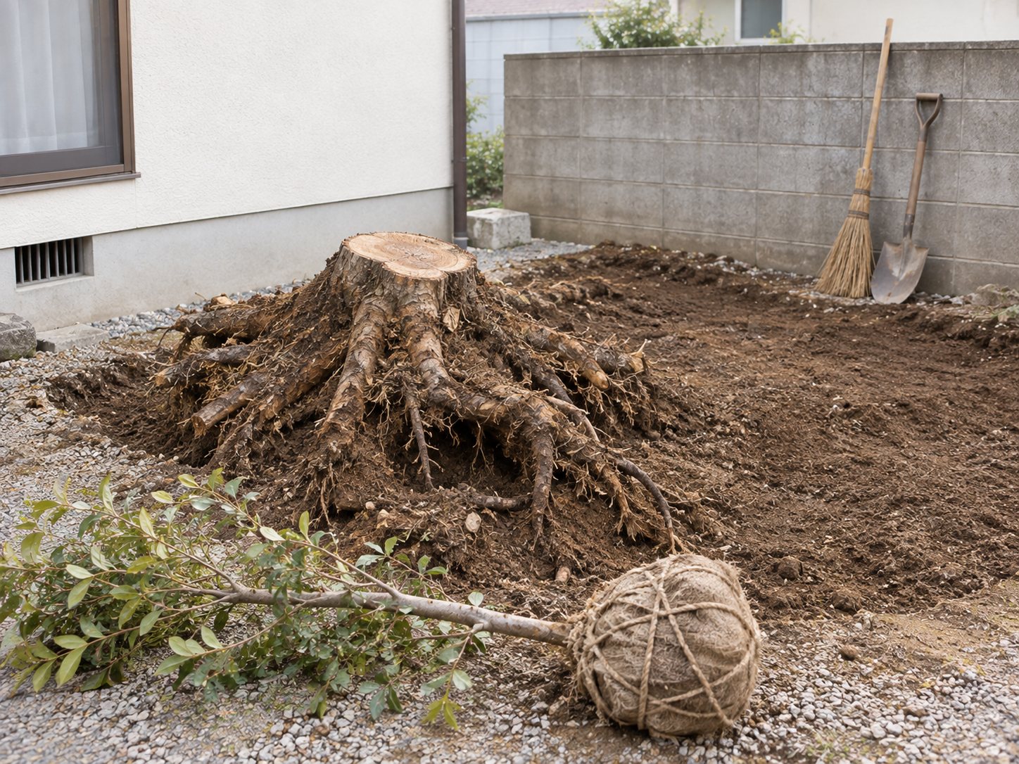 根ごと掘り起こされた切り株と、根巻きをした移植用の庭木