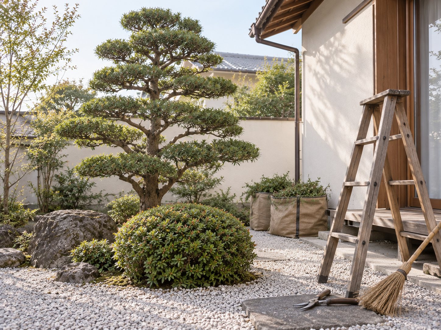 剪定を終えた庭木と、そばに置かれた脚立と剪定バサミ