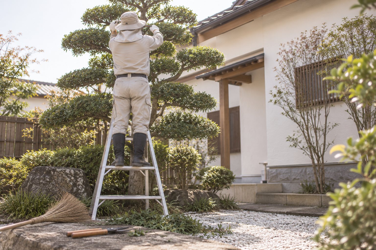 三脚脚立に立ち、庭木の枝を整えている作業者の後ろ姿